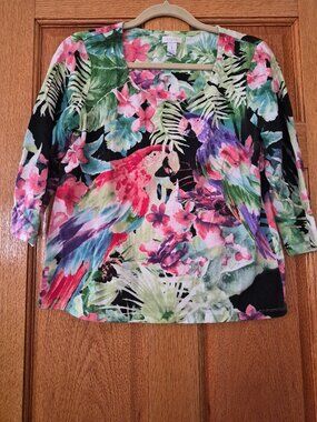 Chico's 3/4 sleeve Tropical Parrot Tee - Sz 1 (M 8-10)